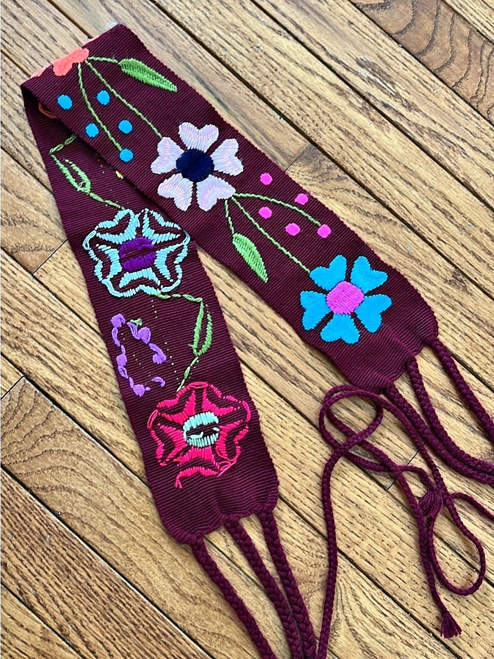 Embroidered Floral Tie Belt in Purple & Pink